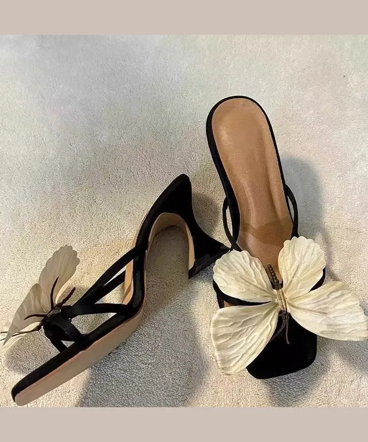 2025 New Bow Flower Square Toe High Heels Slide Sandals