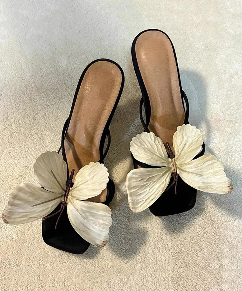 2025 New Bow Flower Square Toe High Heels Slide Sandals