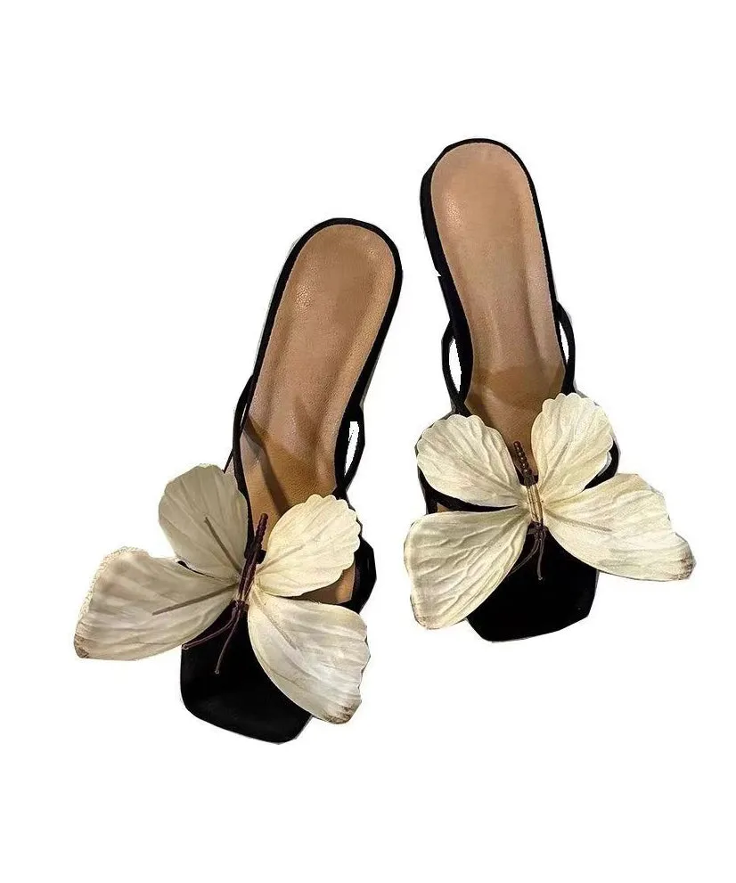 2025 New Bow Flower Square Toe High Heels Slide Sandals