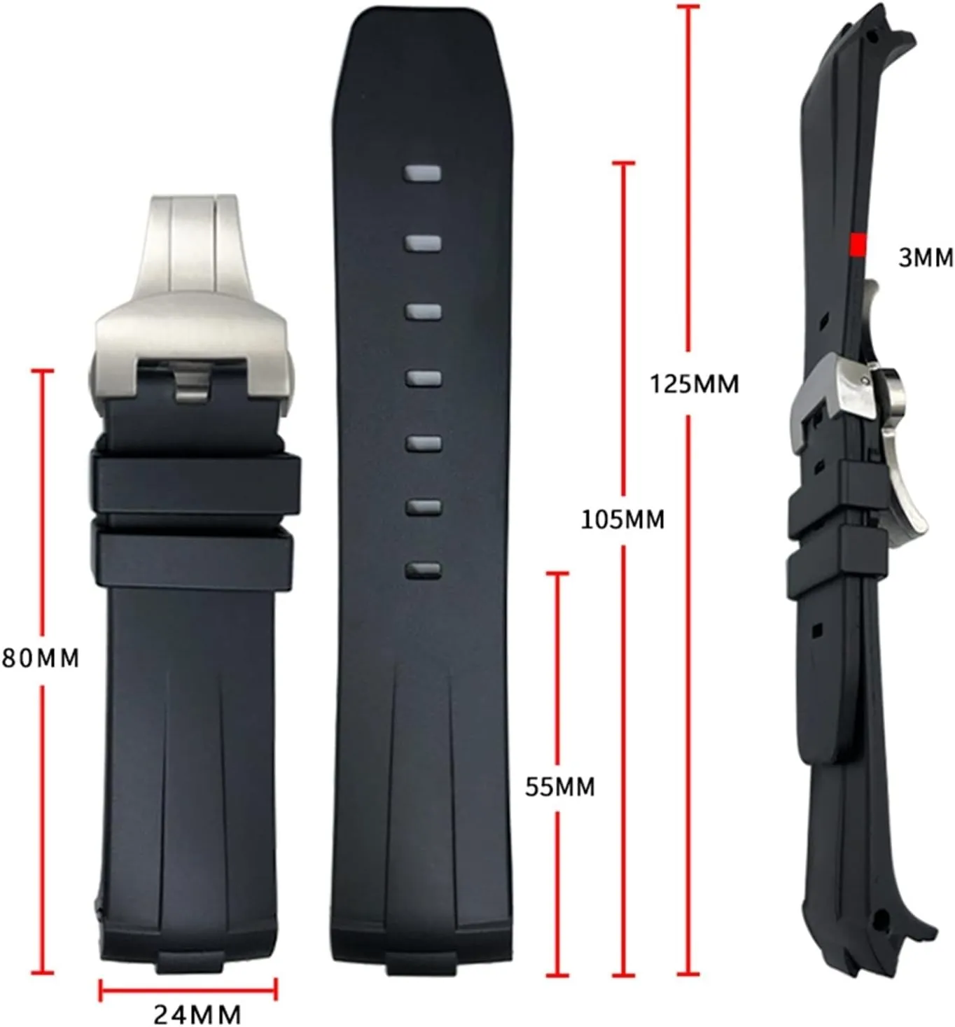 24mm Curved End Rubber Watchband Fit For Panerai PAM441/1312/00111 Stainless Steel Butterfly Buckle Silicone Sports Strap