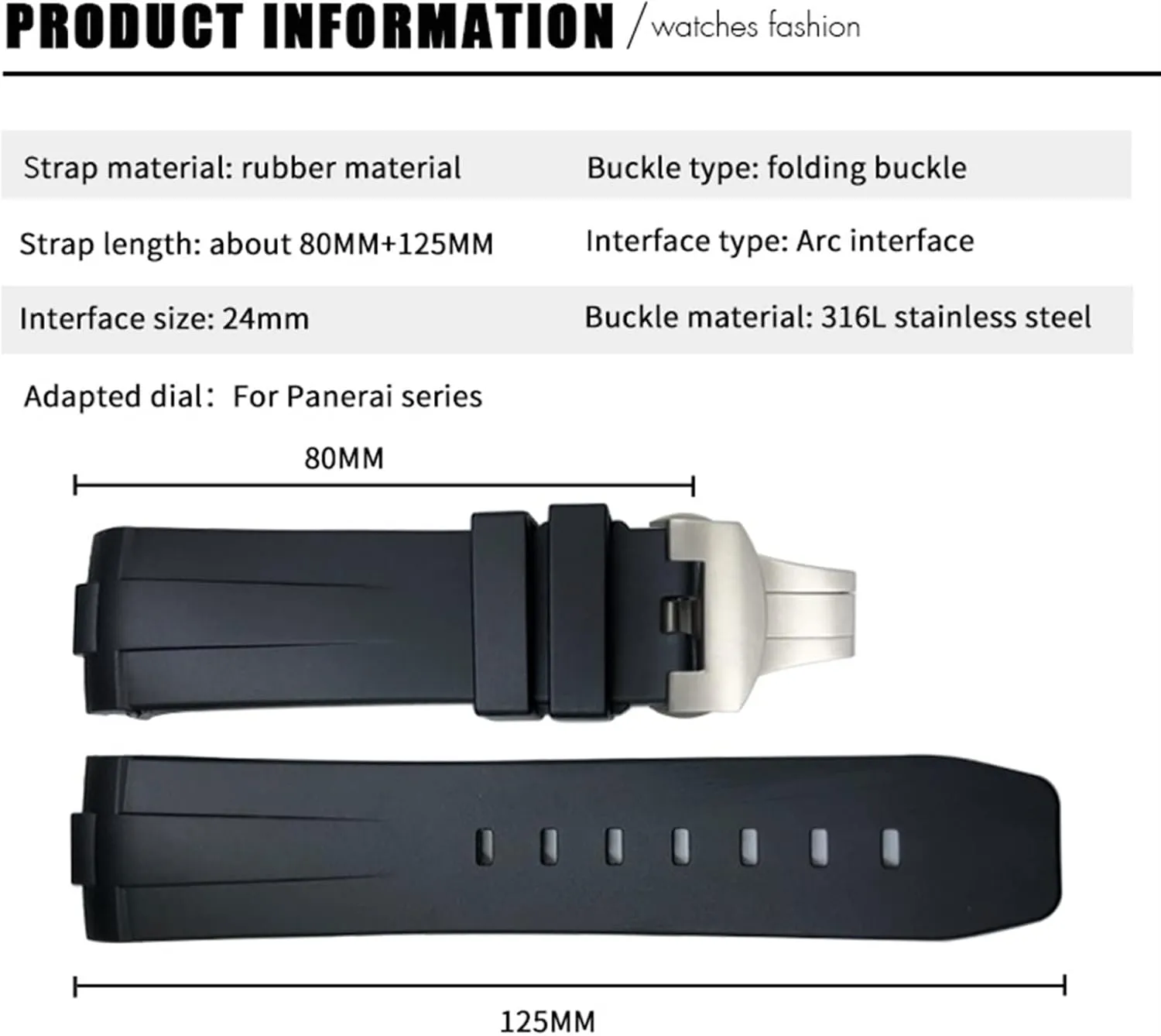 24mm Curved End Rubber Watchband Fit For Panerai PAM441/1312/00111 Stainless Steel Butterfly Buckle Silicone Sports Strap