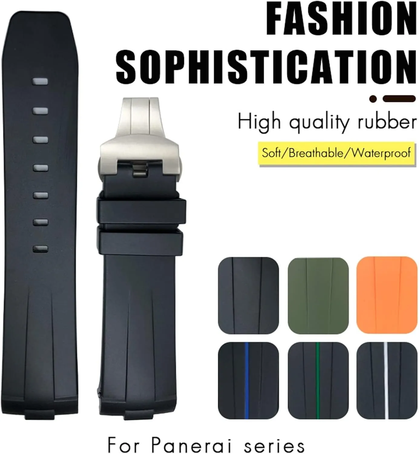 24mm Curved End Rubber Watchband Fit For Panerai PAM441/1312/00111 Stainless Steel Butterfly Buckle Silicone Sports Strap