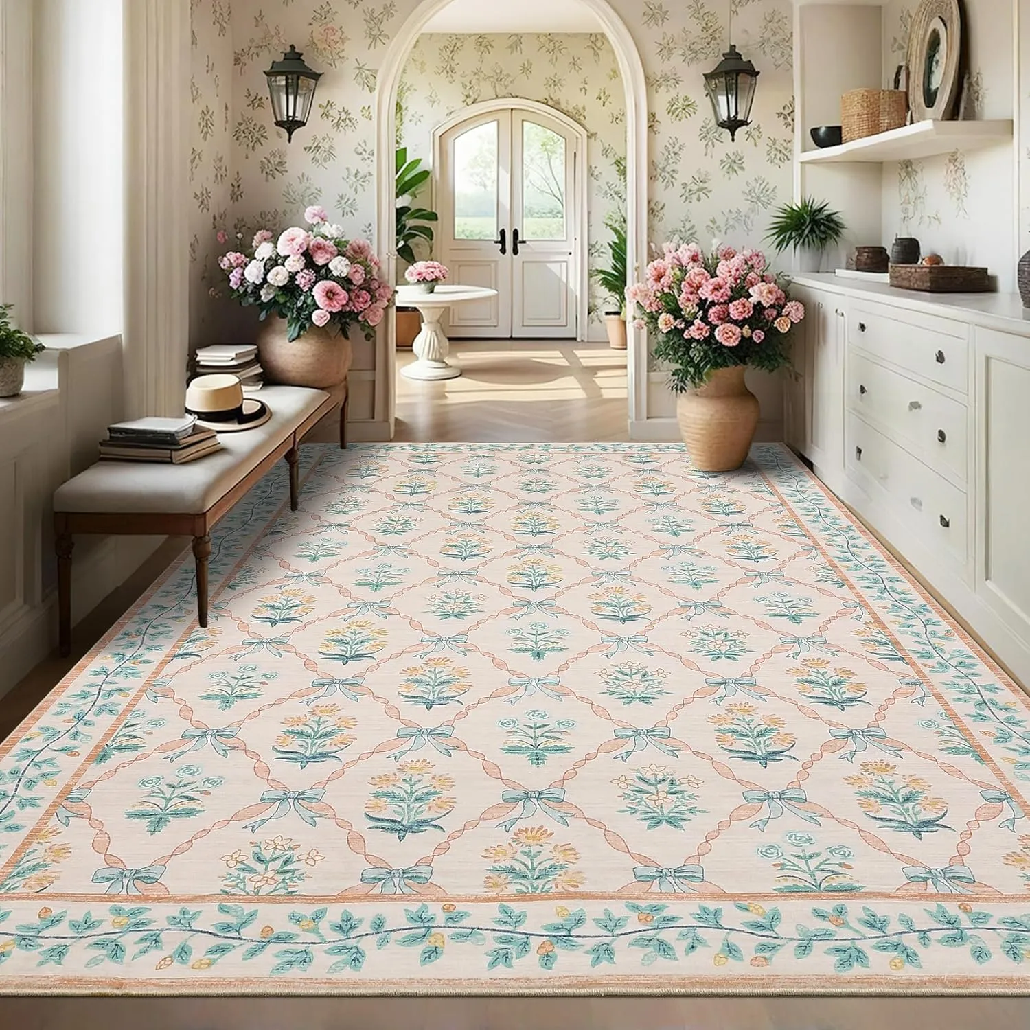 5x7 Area Rugs for Living Room, Pink Washable Rug for Bedroom Girl with Coquette Bow Floral Pattern Non Slip Low-Pile Stain Resistant Throw Carpet for Dining Room Dorm Nursery, Pink
