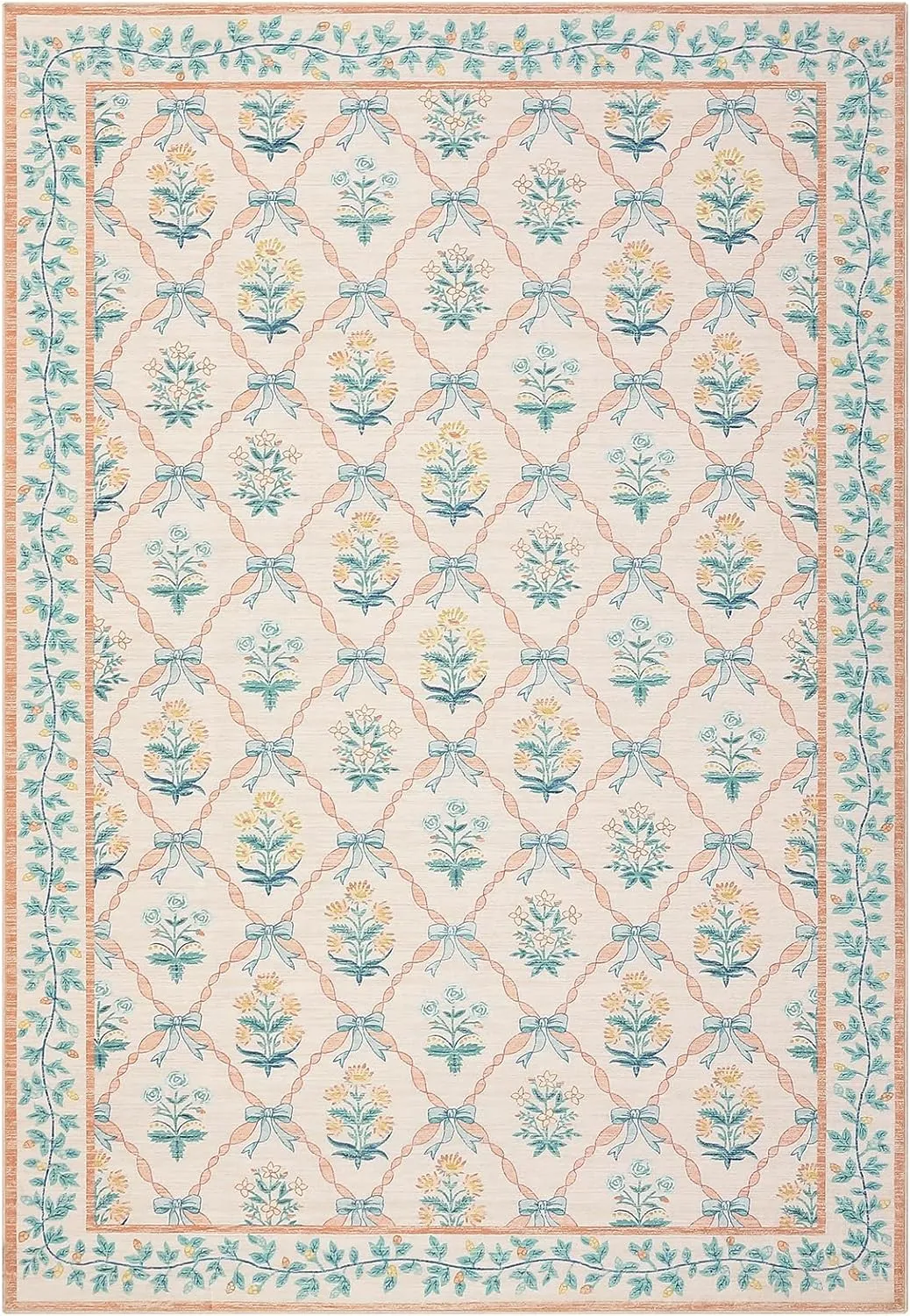 5x7 Area Rugs for Living Room, Pink Washable Rug for Bedroom Girl with Coquette Bow Floral Pattern Non Slip Low-Pile Stain Resistant Throw Carpet for Dining Room Dorm Nursery, Pink