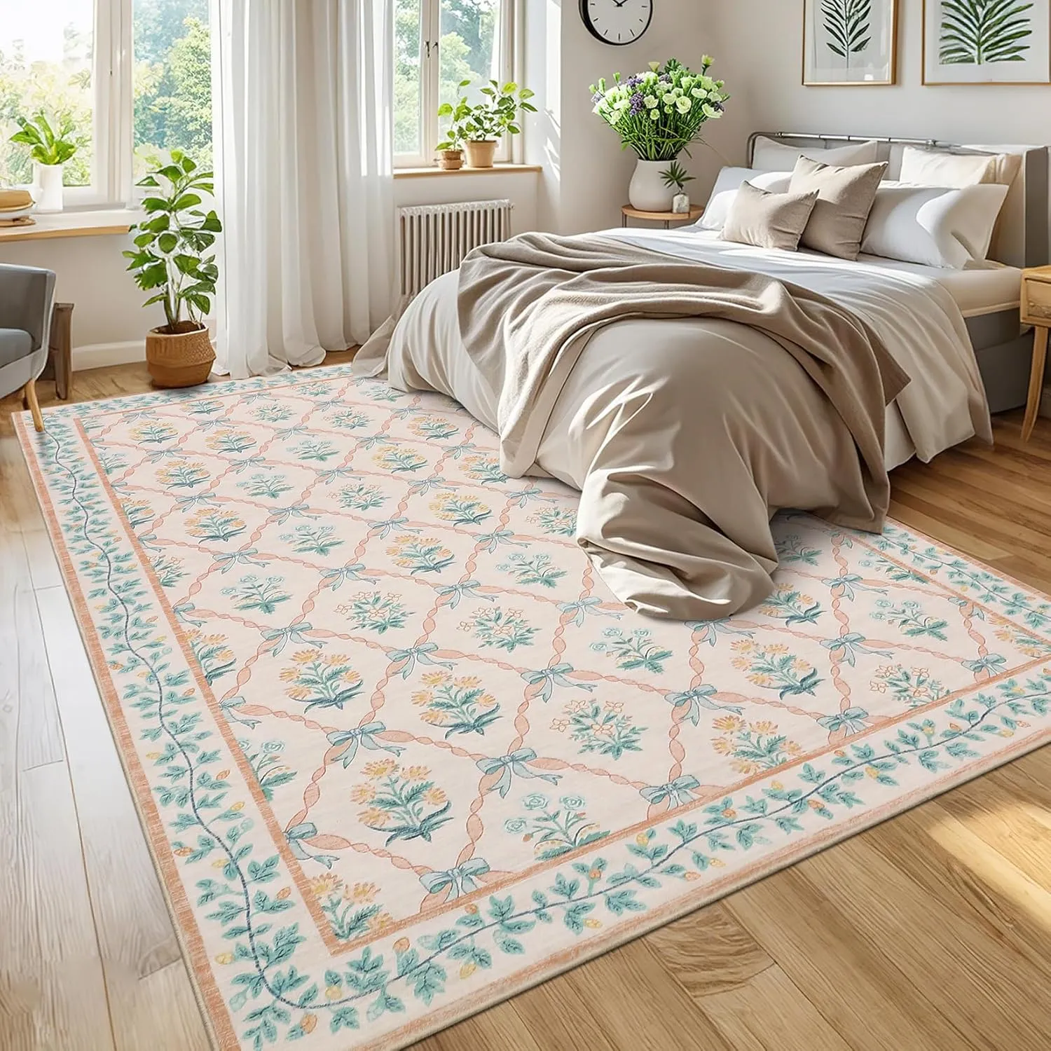 5x7 Area Rugs for Living Room, Pink Washable Rug for Bedroom Girl with Coquette Bow Floral Pattern Non Slip Low-Pile Stain Resistant Throw Carpet for Dining Room Dorm Nursery, Pink