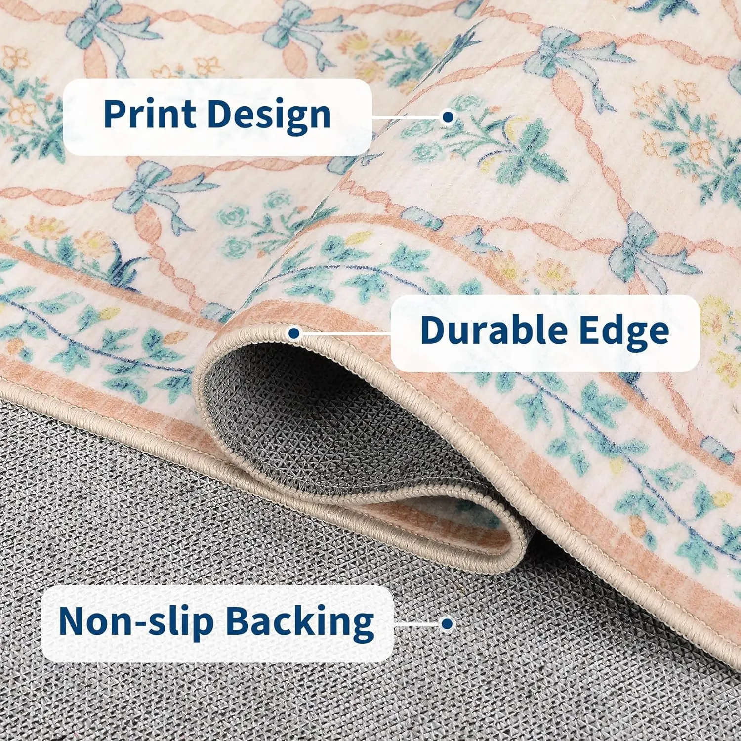 5x7 Area Rugs for Living Room, Pink Washable Rug for Bedroom Girl with Coquette Bow Floral Pattern Non Slip Low-Pile Stain Resistant Throw Carpet for Dining Room Dorm Nursery, Pink