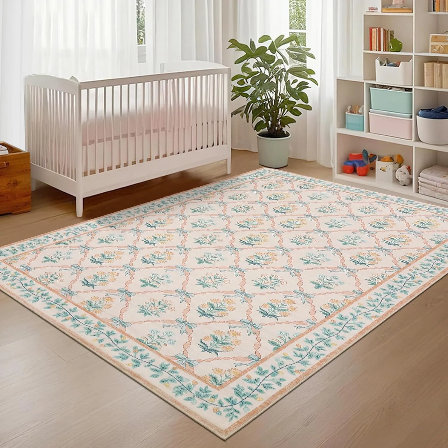 5x7 Area Rugs for Living Room, Pink Washable Rug for Bedroom Girl with Coquette Bow Floral Pattern Non Slip Low-Pile Stain Resistant Throw Carpet for Dining Room Dorm Nursery, Pink