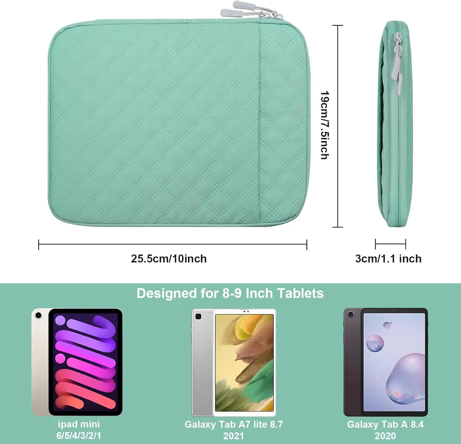 8-9 Inch Tablet Sleeve Bag, Padded Travel Pouch for Galaxy Tab A9 8.7/Tab A 8.4/Fire HD 8 (Green, 8-9 Inch)