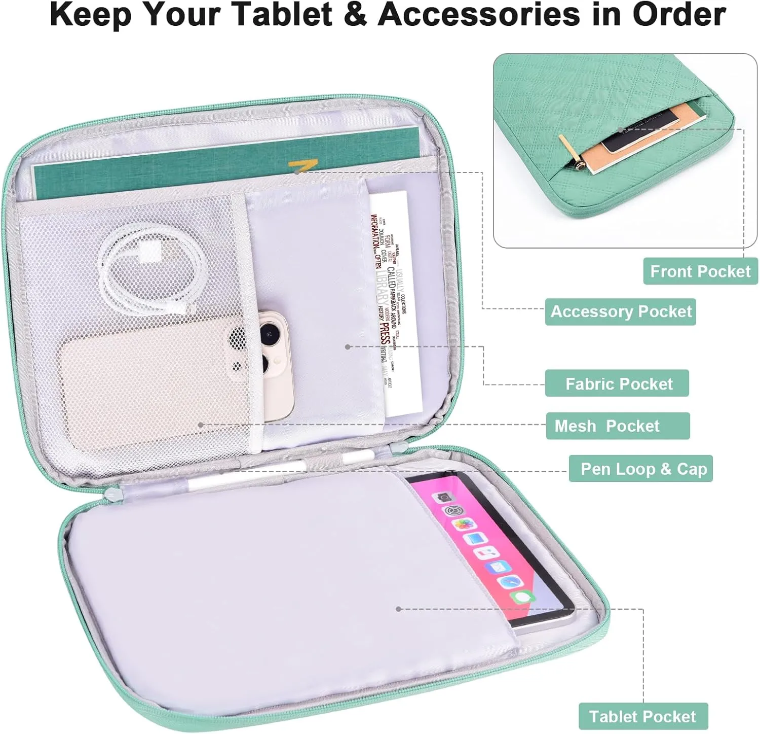 8-9 Inch Tablet Sleeve Bag, Padded Travel Pouch for Galaxy Tab A9 8.7/Tab A 8.4/Fire HD 8 (Green, 8-9 Inch)