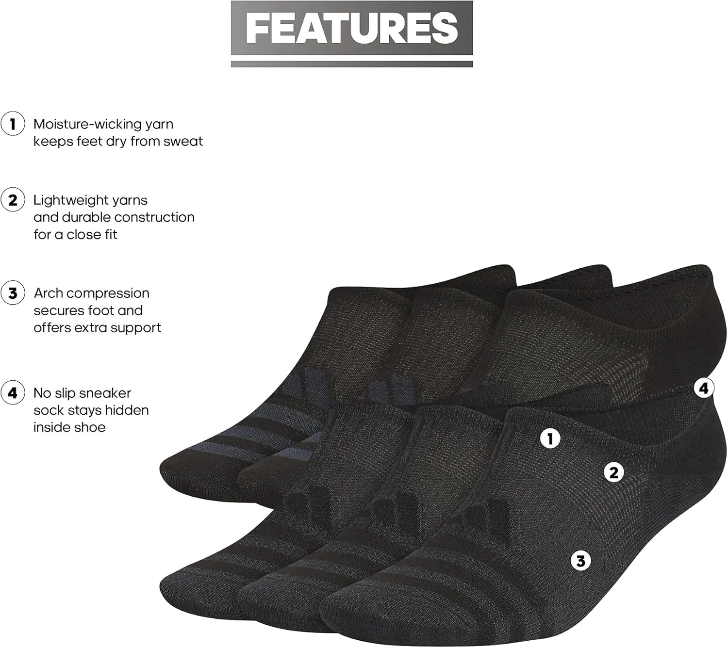 adidas Men's Superlite 3.0 Super No Show Socks (6-Pair) Ultra Low-Profile, Arch Compression for Secure Fit