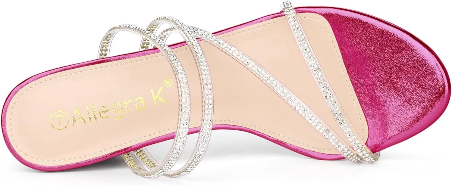 Allegra K Women's Strappy Rhinestone Block Heel Slide Sandals