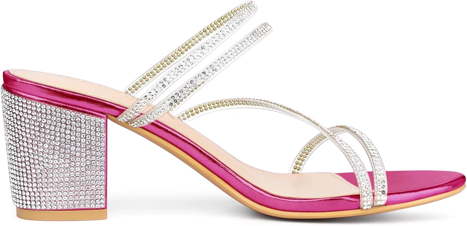 Allegra K Women's Strappy Rhinestone Block Heel Slide Sandals