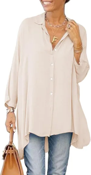 Aoysky Womens Oversized T Shirts Button Down Long Sleeve Shirt V Neck Collar Loose Flowy Blouse
