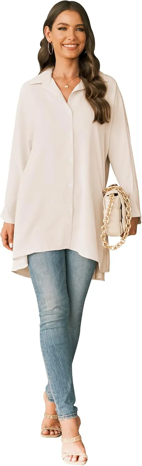 Aoysky Womens Oversized T Shirts Button Down Long Sleeve Shirt V Neck Collar Loose Flowy Blouse