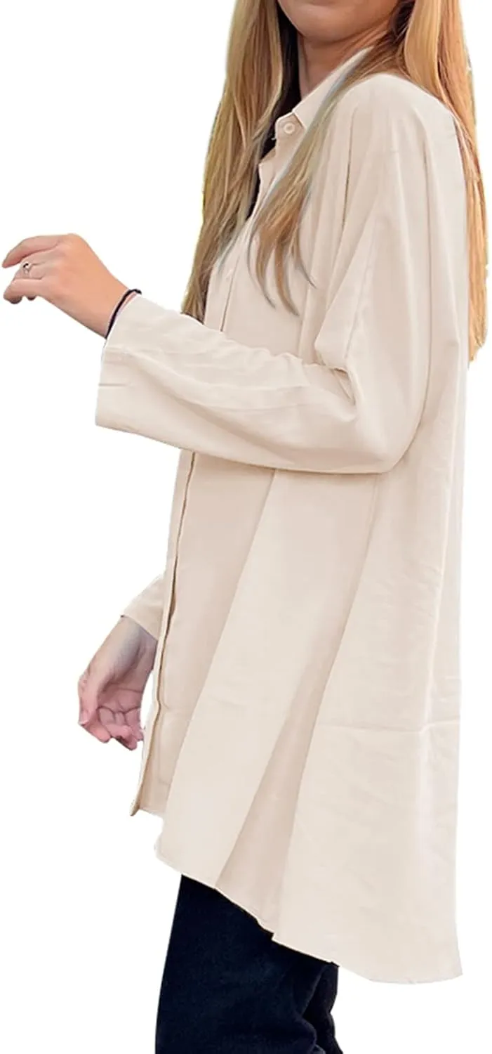 Aoysky Womens Oversized T Shirts Button Down Long Sleeve Shirt V Neck Collar Loose Flowy Blouse