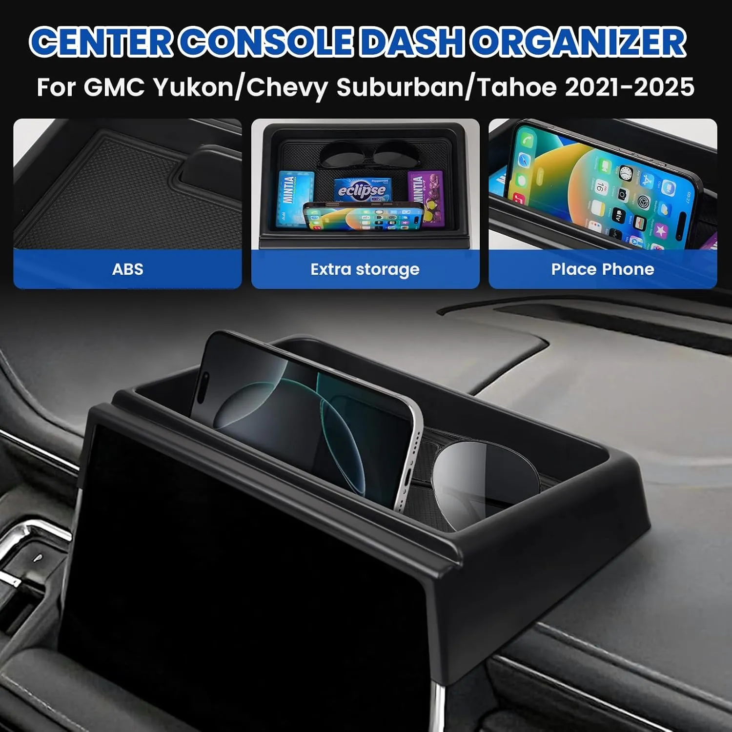 Autorder Center Console Dash Organizer for 2021-2024 GMC Yukon/Chevy Suburban/Tahoe Accessories Dashboard Insert Tray with Cellphone Holder Storage Box with Anti-Slip Mat (Not for Denali)