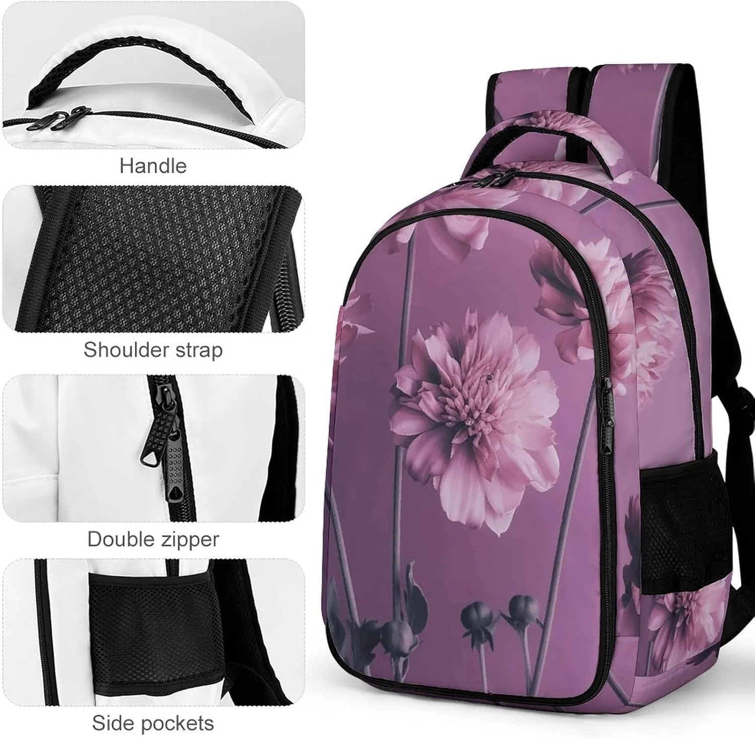 Backpack for Men Women Laptop Backpack Flowers on Purple Background Casual Daypack Laptop Bag for Travel