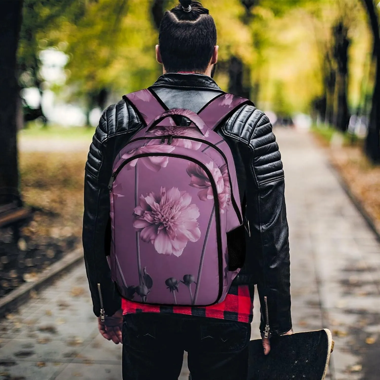 Backpack for Men Women Laptop Backpack Flowers on Purple Background Casual Daypack Laptop Bag for Travel