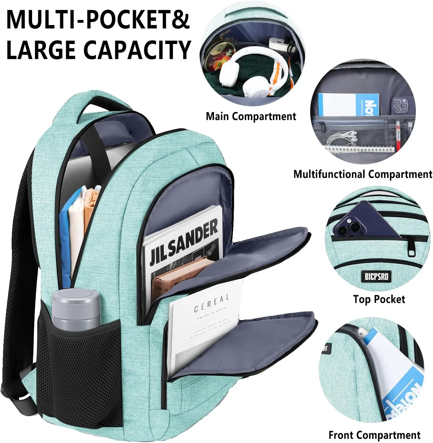 Backpack for Men Women, School Backpack for Teens Boys Girls, Work Business Backpack with USB Charging Port,Water Resistant College Computer Bookbag Fits 15.6 Inch Laptop,Back Pack,Mochilas Cyan