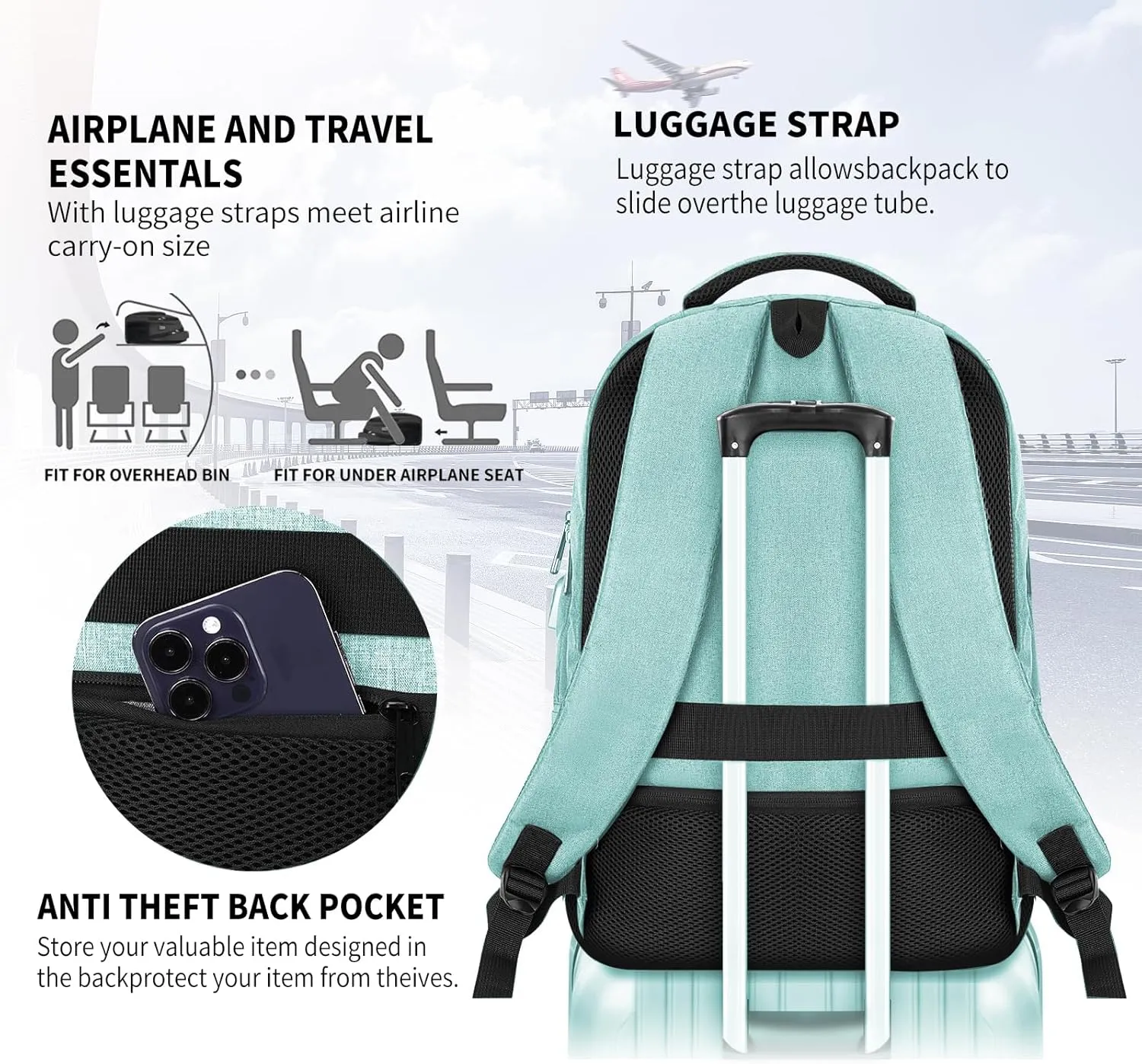 Backpack for Men Women, School Backpack for Teens Boys Girls, Work Business Backpack with USB Charging Port,Water Resistant College Computer Bookbag Fits 15.6 Inch Laptop,Back Pack,Mochilas Cyan
