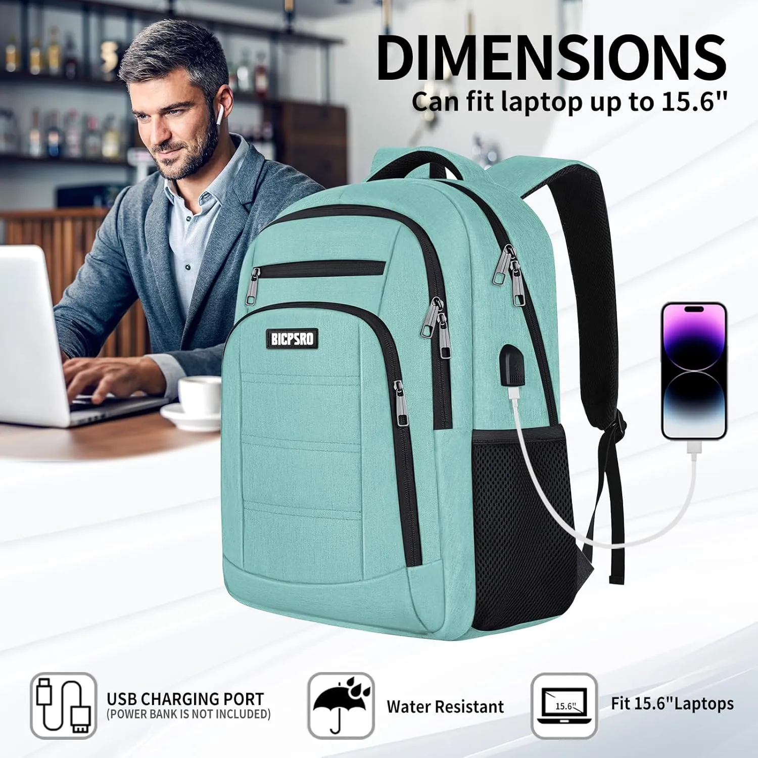 Backpack for Men Women, School Backpack for Teens Boys Girls, Work Business Backpack with USB Charging Port,Water Resistant College Computer Bookbag Fits 15.6 Inch Laptop,Back Pack,Mochilas Cyan