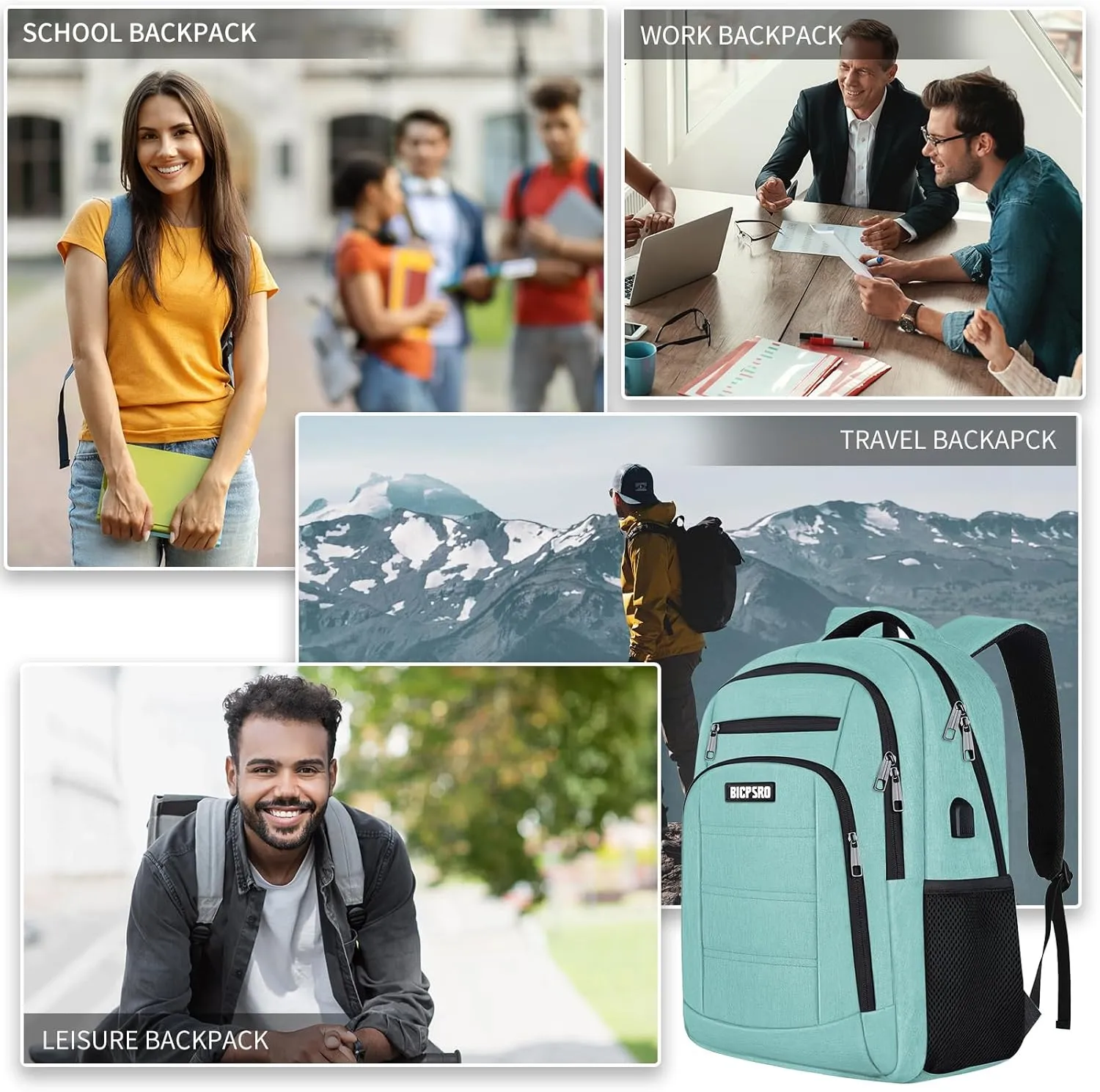 Backpack for Men Women, School Backpack for Teens Boys Girls, Work Business Backpack with USB Charging Port,Water Resistant College Computer Bookbag Fits 15.6 Inch Laptop,Back Pack,Mochilas Cyan