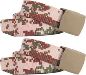 Belts for men women tactical camouflage nylon webbing belt with plastic buckle plus size up to 71", 2 Pcs