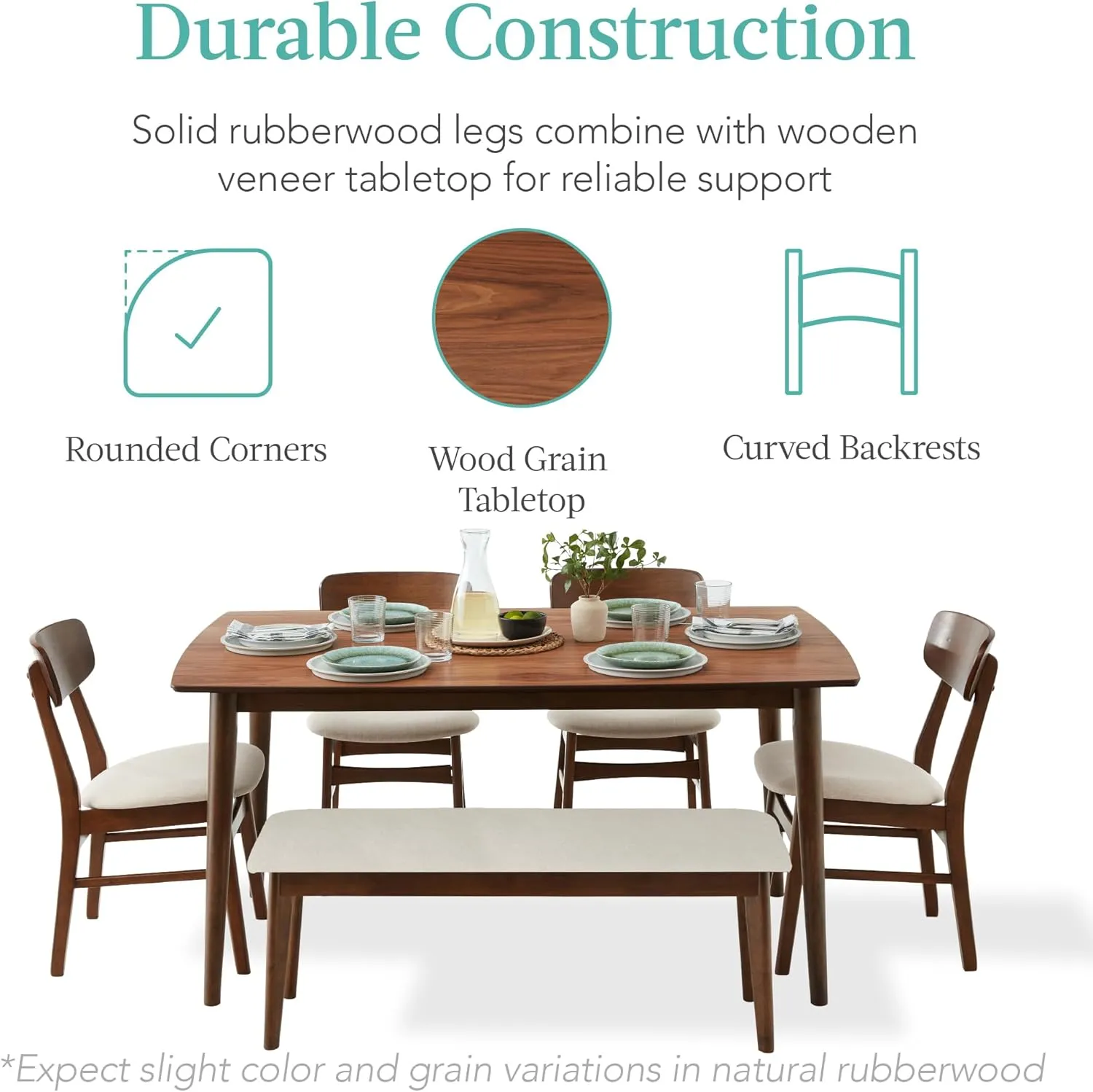 Best Choice Products 6-Piece Wooden Dining Set, Mid-Century Modern Table & Upholstered Chair Set w/Bench Seat, Rubberwood Legs - Walnut/Cream