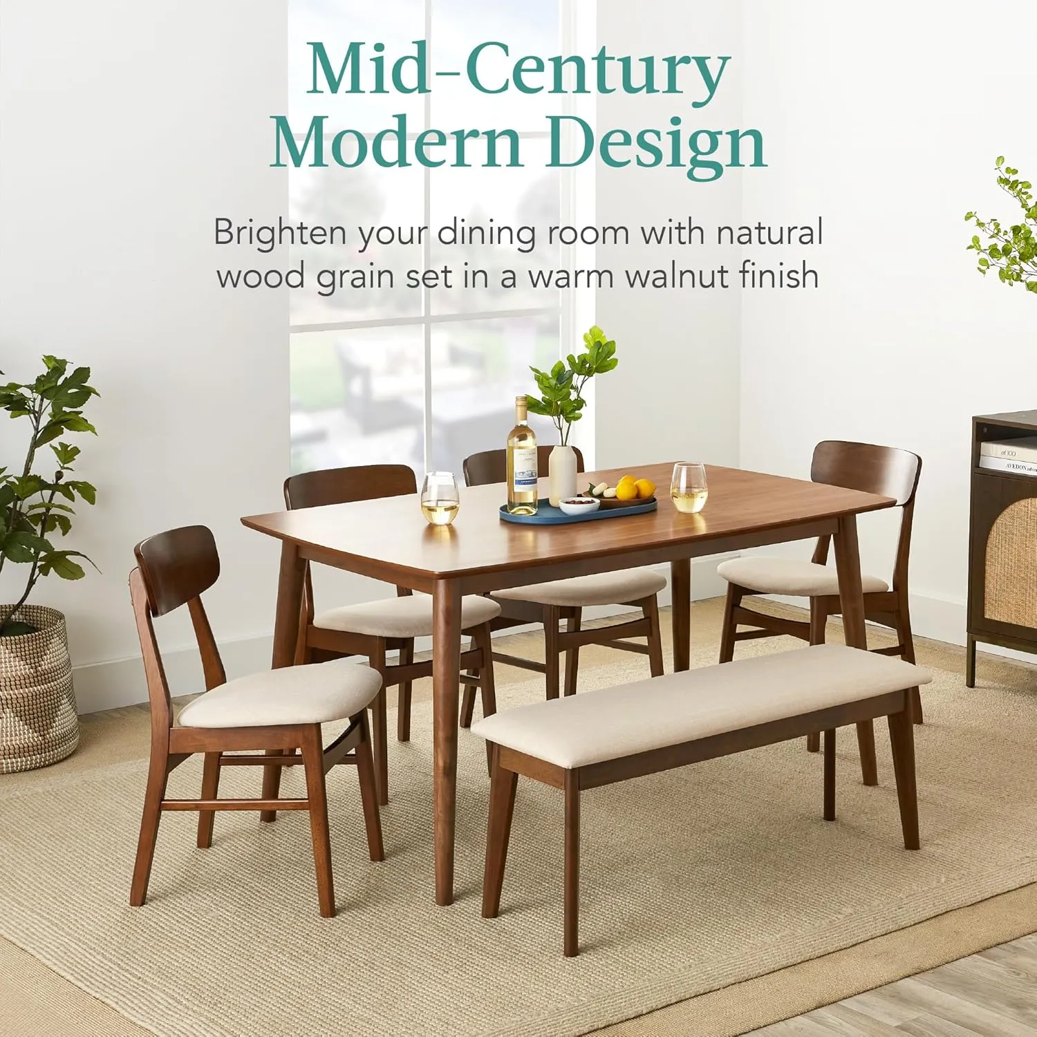 Best Choice Products 6-Piece Wooden Dining Set, Mid-Century Modern Table & Upholstered Chair Set w/Bench Seat, Rubberwood Legs - Walnut/Cream