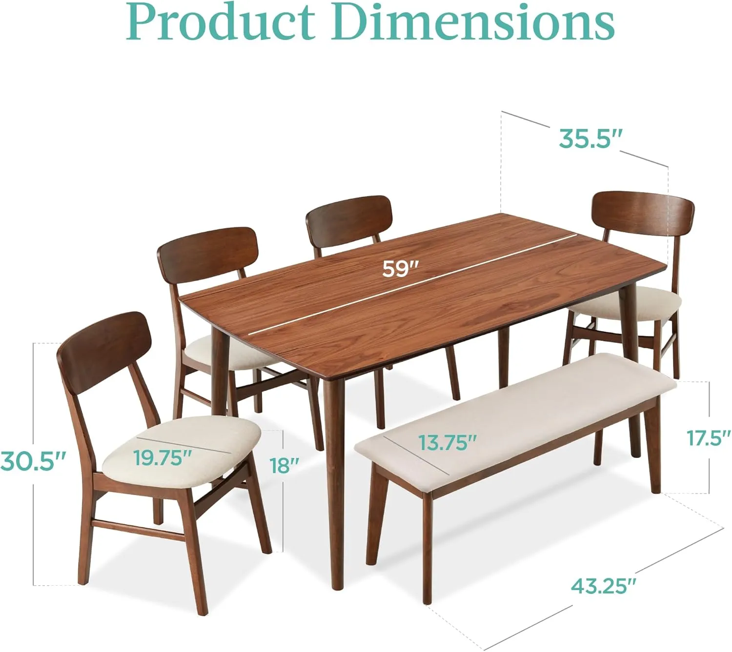 Best Choice Products 6-Piece Wooden Dining Set, Mid-Century Modern Table & Upholstered Chair Set w/Bench Seat, Rubberwood Legs - Walnut/Cream