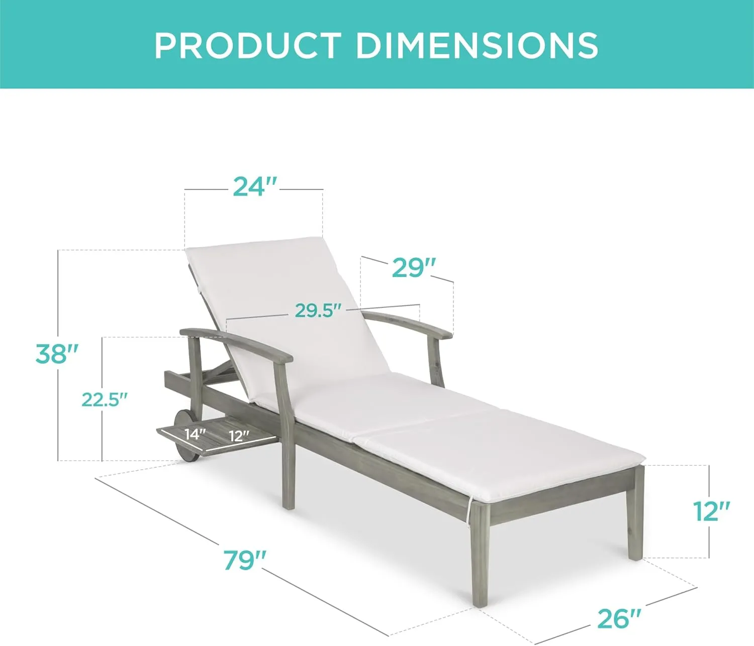 Best Choice Products 79x26in Acacia Wood Chaise Lounge Chair Recliner, Outdoor Furniture for Patio, Poolside w/Slide-Out Side Table, Foam-Padded Cushion, Adjustable Backrest, Wheels - Gray/Cream