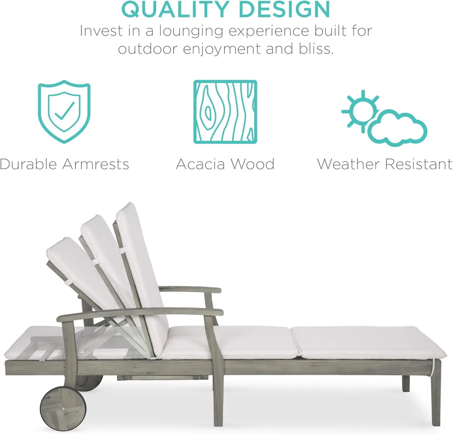 Best Choice Products 79x26in Acacia Wood Chaise Lounge Chair Recliner, Outdoor Furniture for Patio, Poolside w/Slide-Out Side Table, Foam-Padded Cushion, Adjustable Backrest, Wheels - Gray/Cream