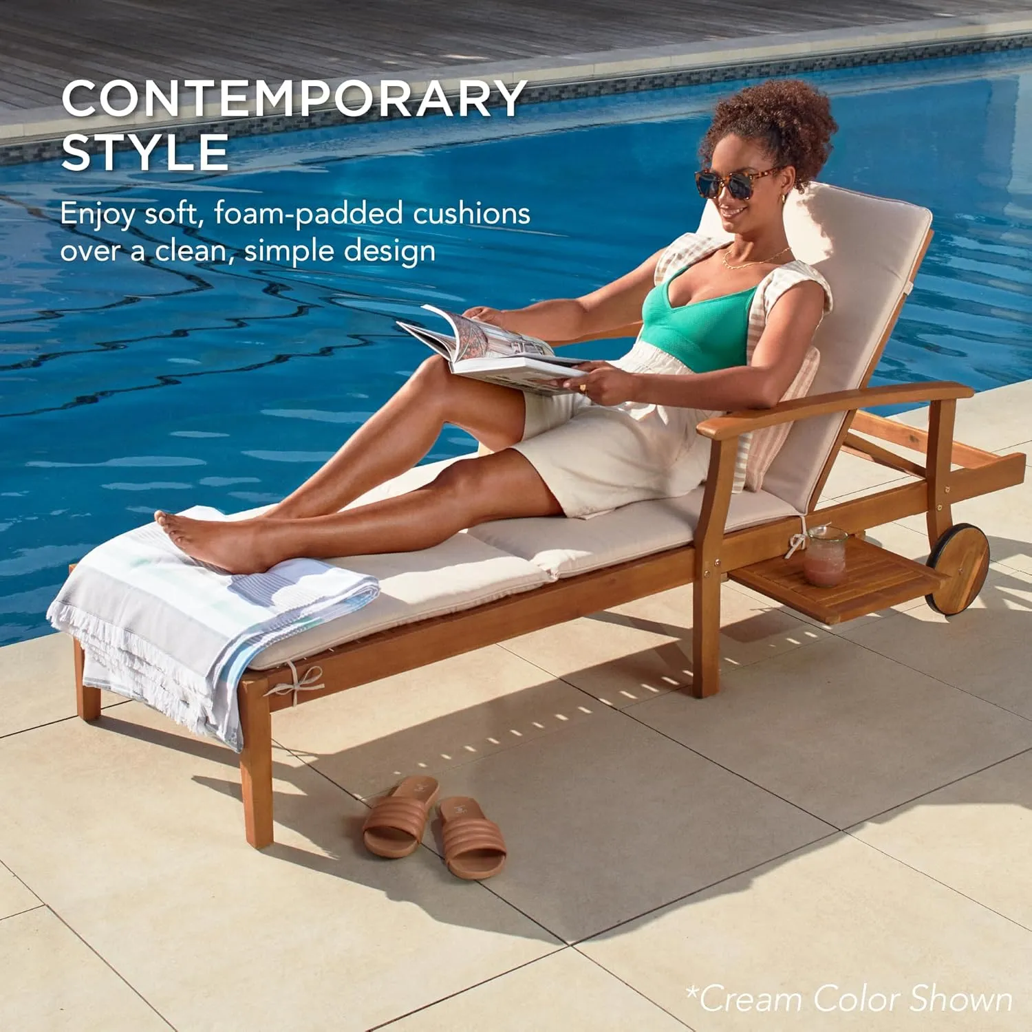 Best Choice Products 79x26in Acacia Wood Chaise Lounge Chair Recliner, Outdoor Furniture for Patio, Poolside w/Slide-Out Side Table, Foam-Padded Cushion, Adjustable Backrest, Wheels - Gray/Cream