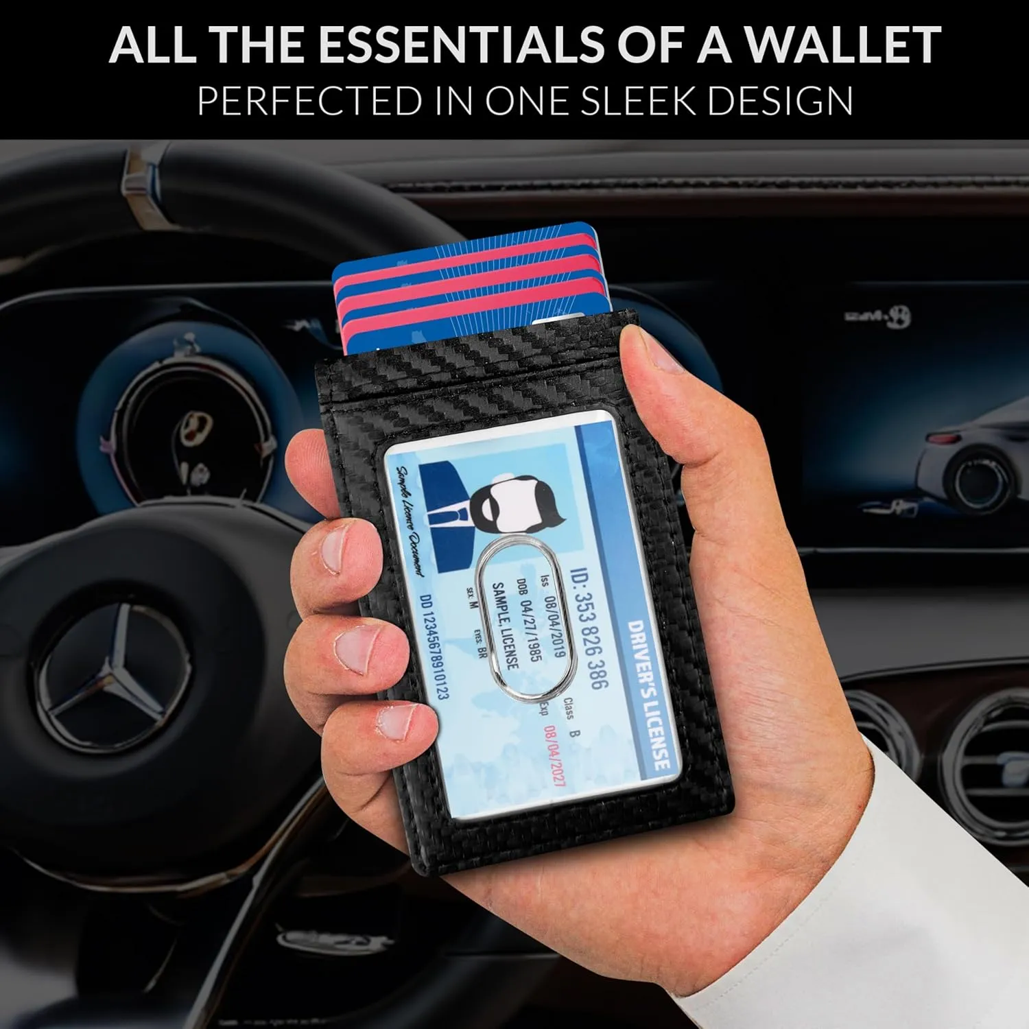 Bifold Wallet for Men | Pop Up Slim Metal Aluminum Wallet | NFC RFID Blocking | Credit Card Holder | Minimalist Mens Wallet with Window ID | Smart Wallet | Cash Strap | Gifts for Men (Carbonfiber)