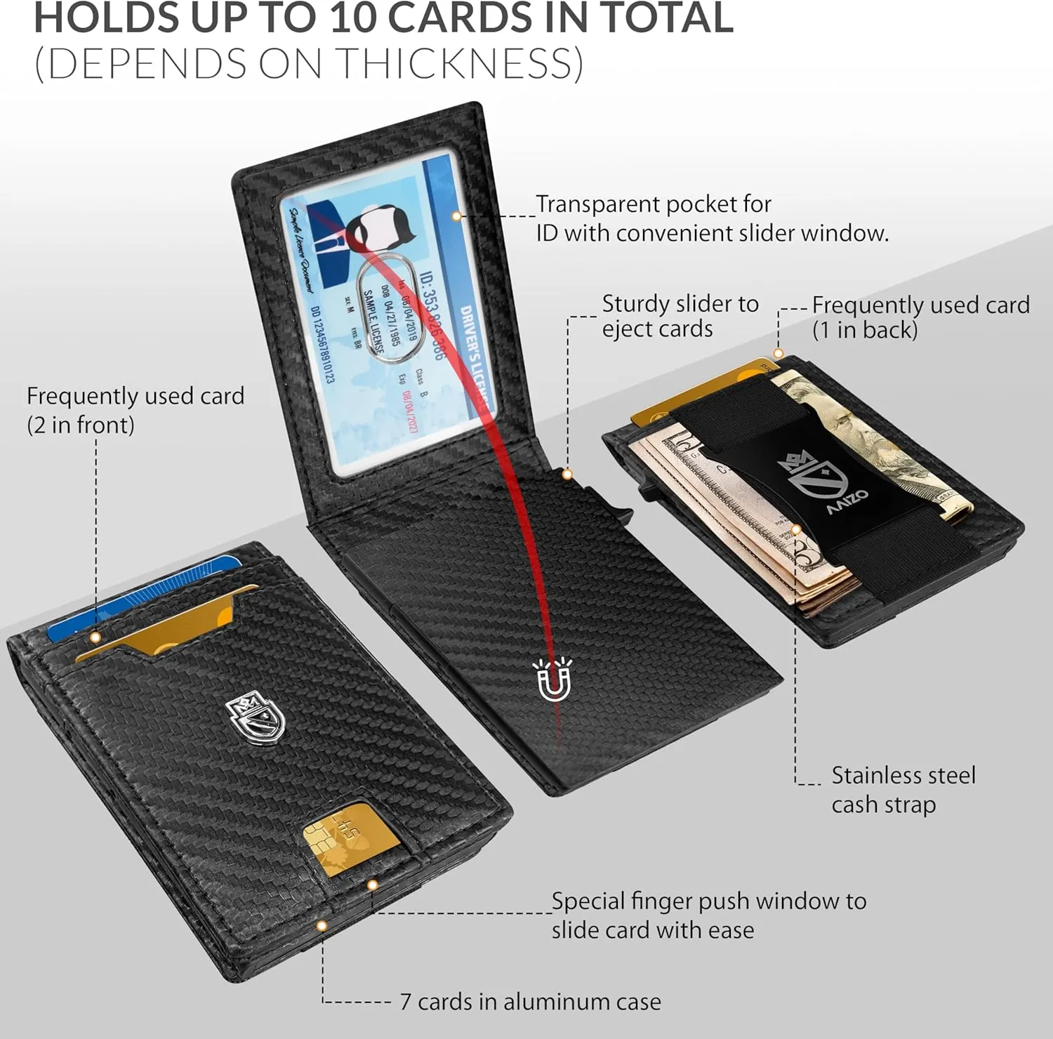Bifold Wallet for Men | Pop Up Slim Metal Aluminum Wallet | NFC RFID Blocking | Credit Card Holder | Minimalist Mens Wallet with Window ID | Smart Wallet | Cash Strap | Gifts for Men (Carbonfiber)