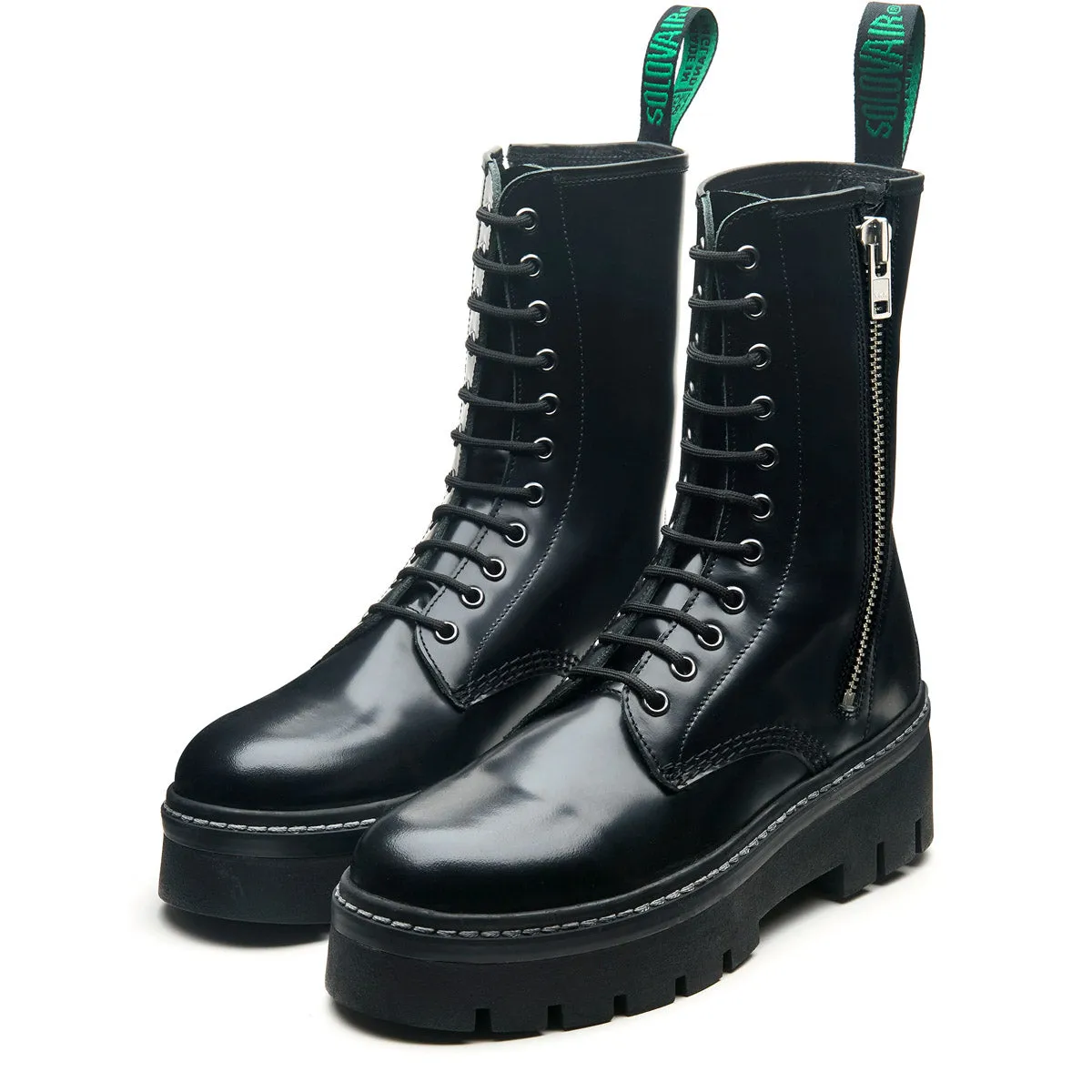 Black Hi-Shine 11 Eye Zipped Platform Derby Boot