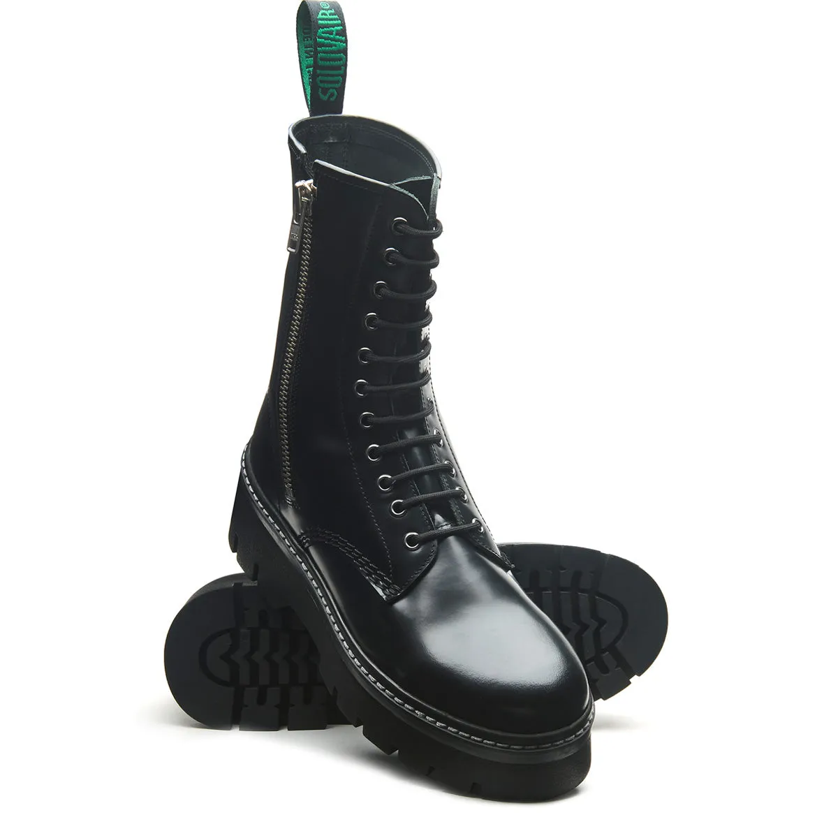 Black Hi-Shine 11 Eye Zipped Platform Derby Boot