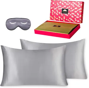 BlueHills 22 Momme 100% Pure Mulberry Natural Soft Both Sides Silk Pillowcase for Hair and Skin Hidden Zipper 2 Pack Silk Pillow Case Gift for Men Women Mom (Gift Pack 3 Piece Standard, Silver Gray)