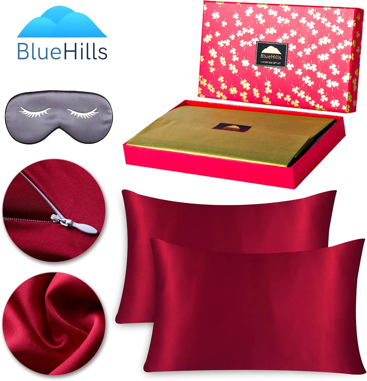 BlueHills Luxury Gift Set - 100% Pure Mulberry Natural Soft Both Sides Silk Pillowcase 2 Pack for Hair and Skin Hidden Zipper & 1 Pure Silk Eye Mask Gift Box 3 Piece Set Burgundy Red Standard S002