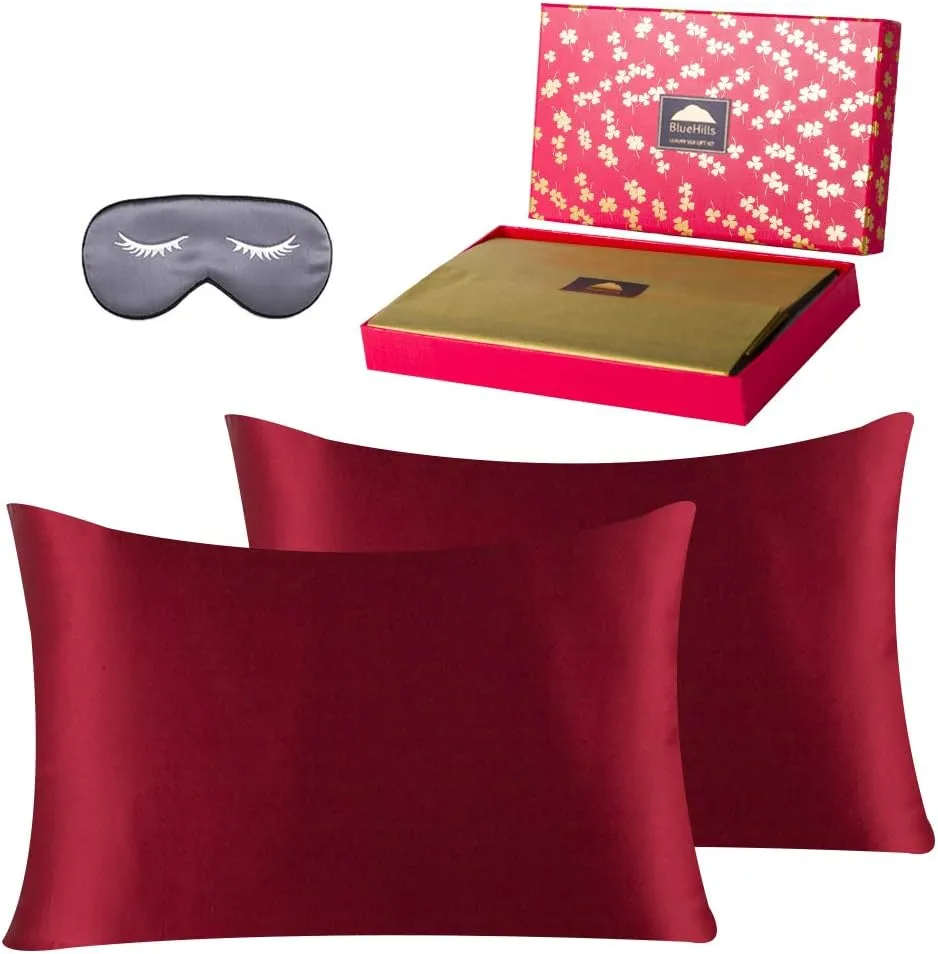 BlueHills Luxury Gift Set - 100% Pure Mulberry Natural Soft Both Sides Silk Pillowcase 2 Pack for Hair and Skin Hidden Zipper & 1 Pure Silk Eye Mask Gift Box 3 Piece Set Burgundy Red Standard S002