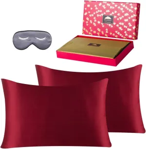 BlueHills Luxury Gift Set - 100% Pure Mulberry Natural Soft Both Sides Silk Pillowcase 2 Pack for Hair and Skin Hidden Zipper & 1 Pure Silk Eye Mask Gift Box 3 Piece Set Burgundy Red Standard S002