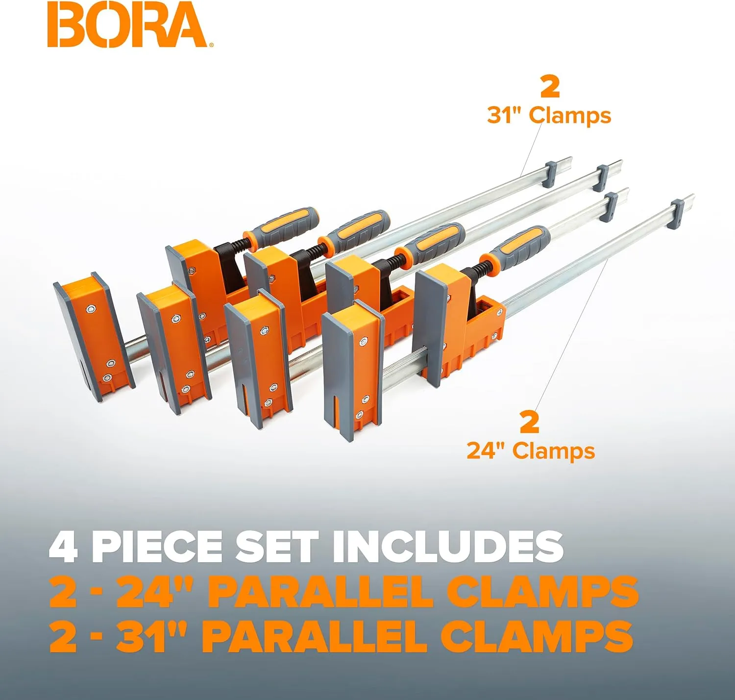 Bora 4 Piece Parallel Clamps for Woodworking Clamps 4 Pack 2 x 24 inch plus 2 x 31 inch Parallel Clamp Spreader Set Bar Clamp 1100 Lbs clamping force Bar Clamp Set 571550I