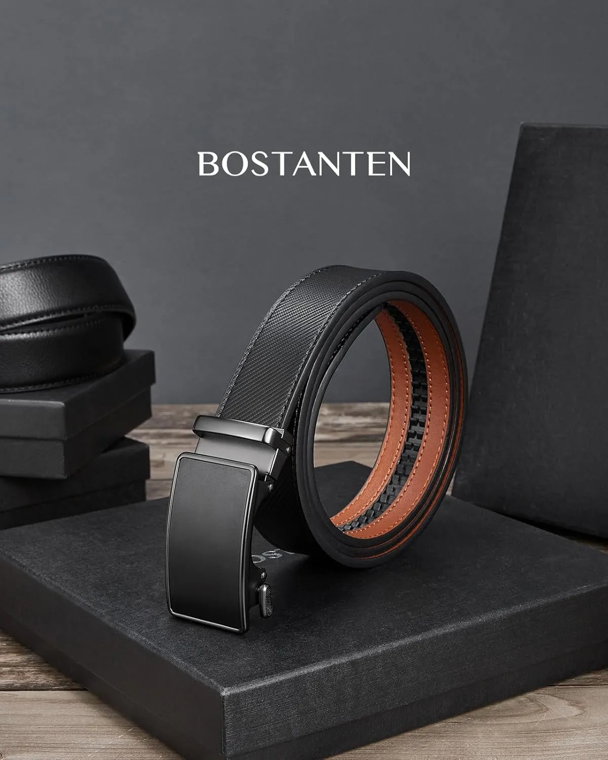 BOSTANTEN Mens Belt Leather Ratchet Belt For Men Dress and Casual with Adjustable Buckle, Trim to Fit
