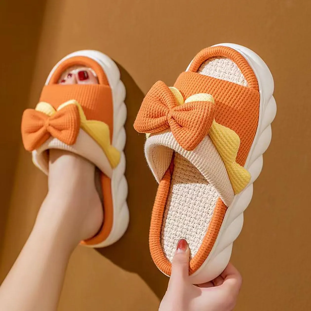 Bow shaped slippers cute women's summer home open toe linen slippers