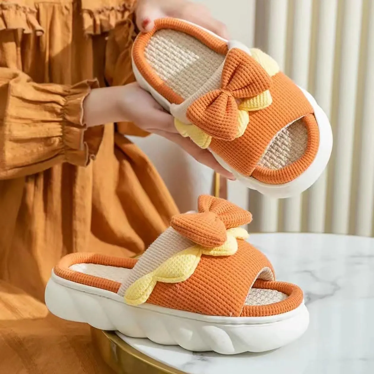 Bow shaped slippers cute women's summer home open toe linen slippers