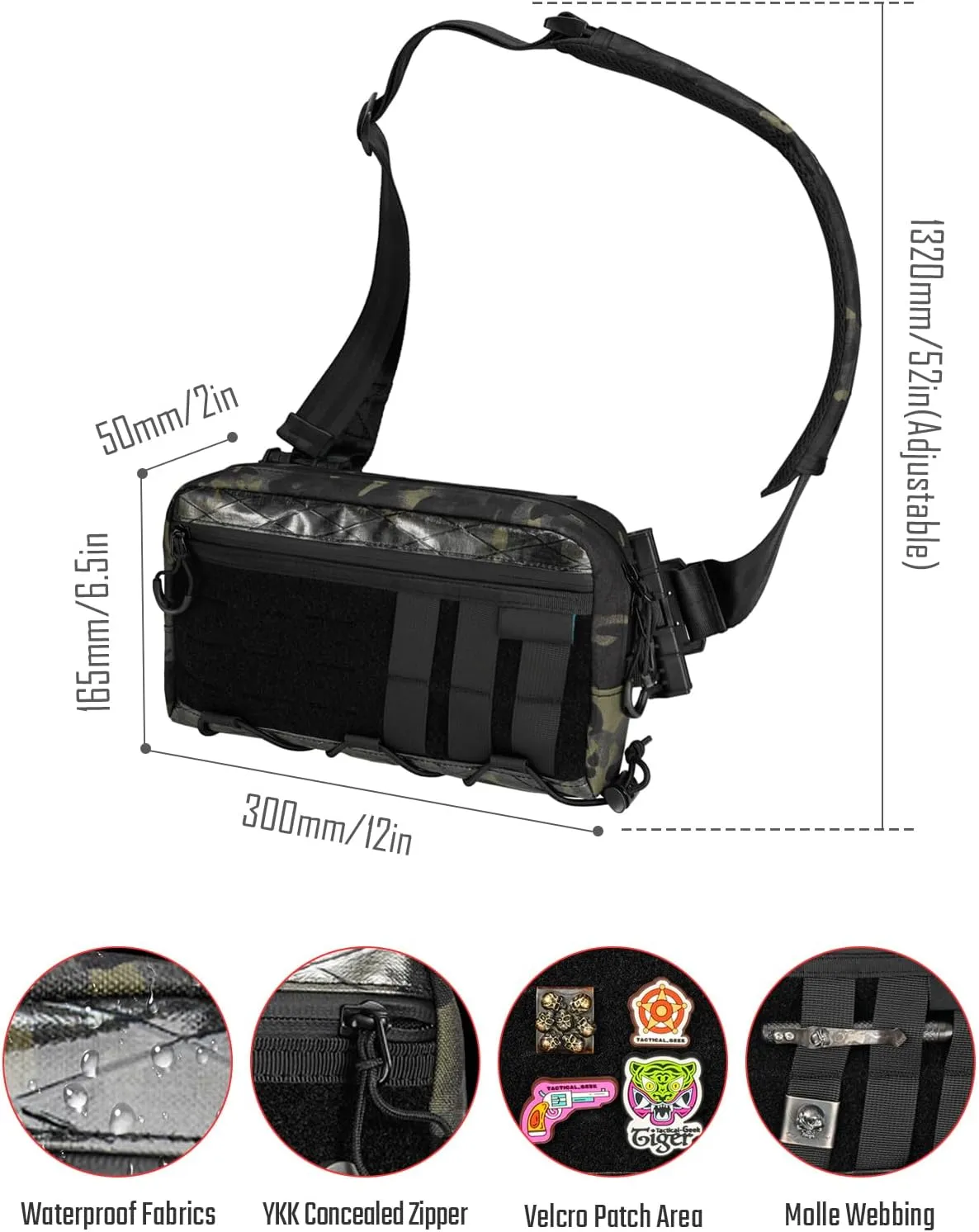 Cache L3 Black Camo Crossbody Shoulder Bag, Men Multipurpose Sling Bag, Chest Backpack Casual Shoulder for Daily Carry