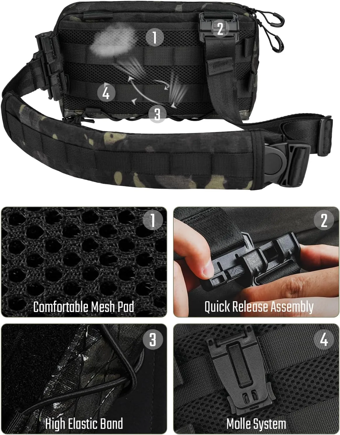 Cache L3 Black Camo Crossbody Shoulder Bag, Men Multipurpose Sling Bag, Chest Backpack Casual Shoulder for Daily Carry