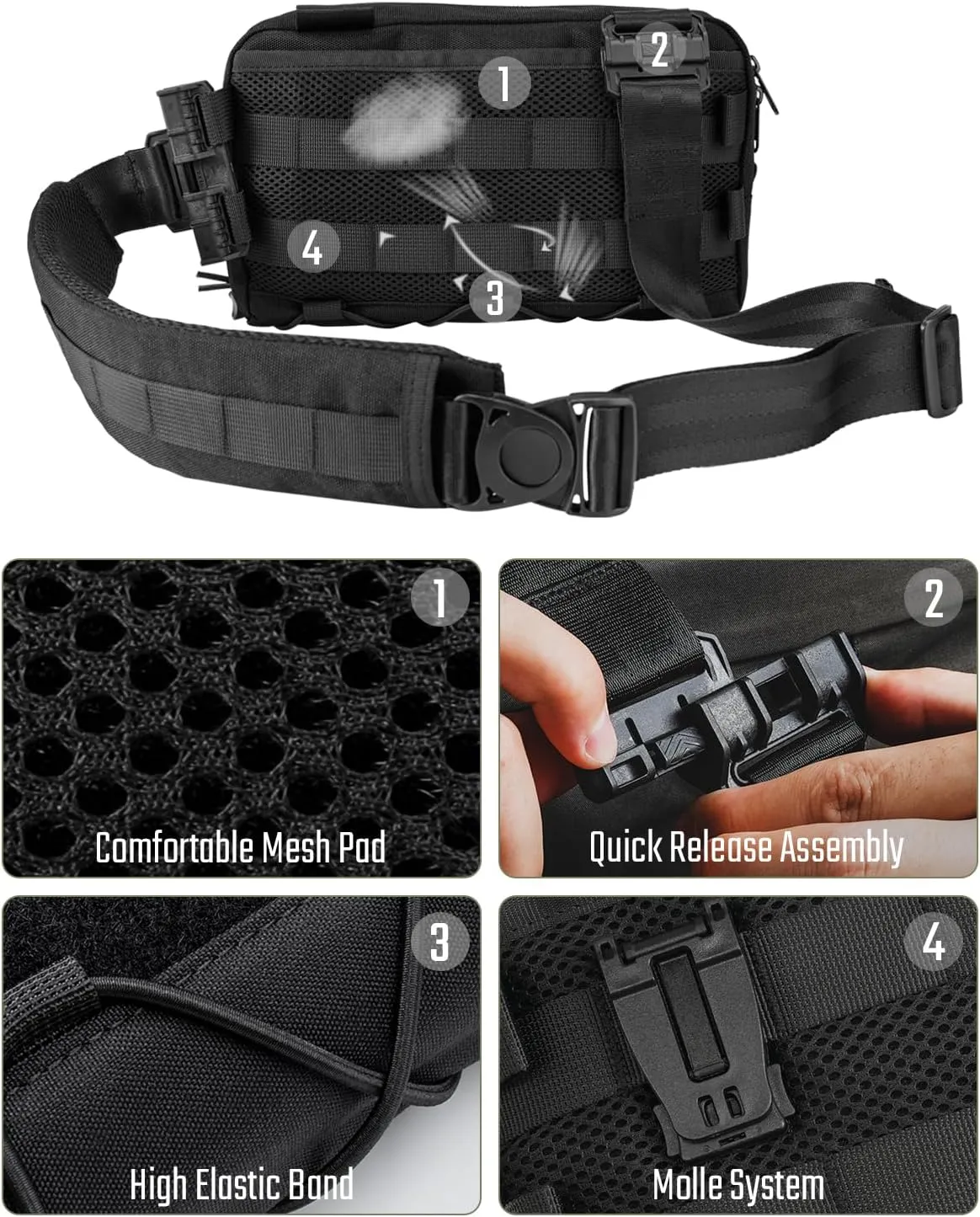 Cache L3C EDC Sling Bag Chest, Lightweight Shoulder Daypack, Travel Hiking Concealed Carry, Crossbody Bag, Tactical Backpack, Hiking Ambidextrous Strap (1000D-Black)