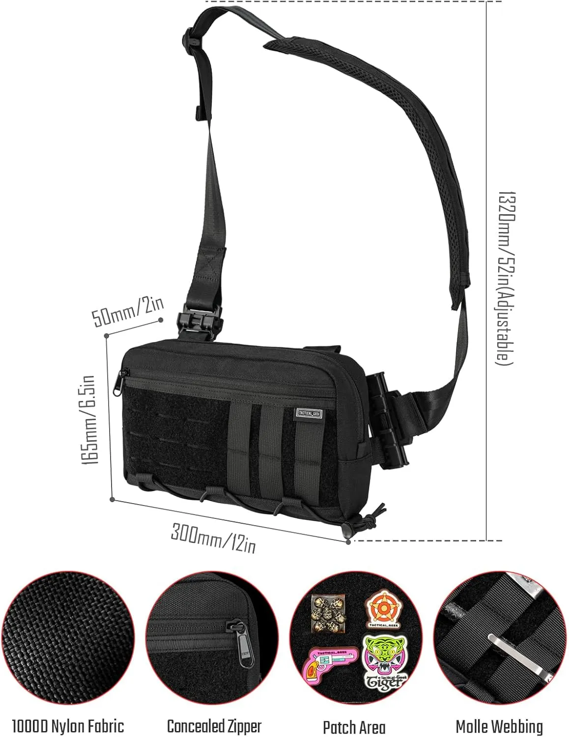 Cache L3C EDC Sling Bag Chest, Lightweight Shoulder Daypack, Travel Hiking Concealed Carry, Crossbody Bag, Tactical Backpack, Hiking Ambidextrous Strap (1000D-Black)