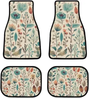 Car Floor Mat 4 Piece Universal Car Floor Pad Flowers and Leaves Car Mat Set Rubber Floor Mat for Cars Non-Slip Car Carpet Decor Heel Pad for Most Vehicles
